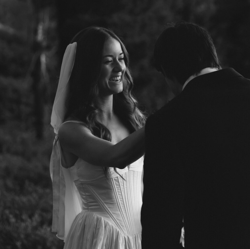 Black and white portrait of the bride smiling during her Yosemite micro wedding